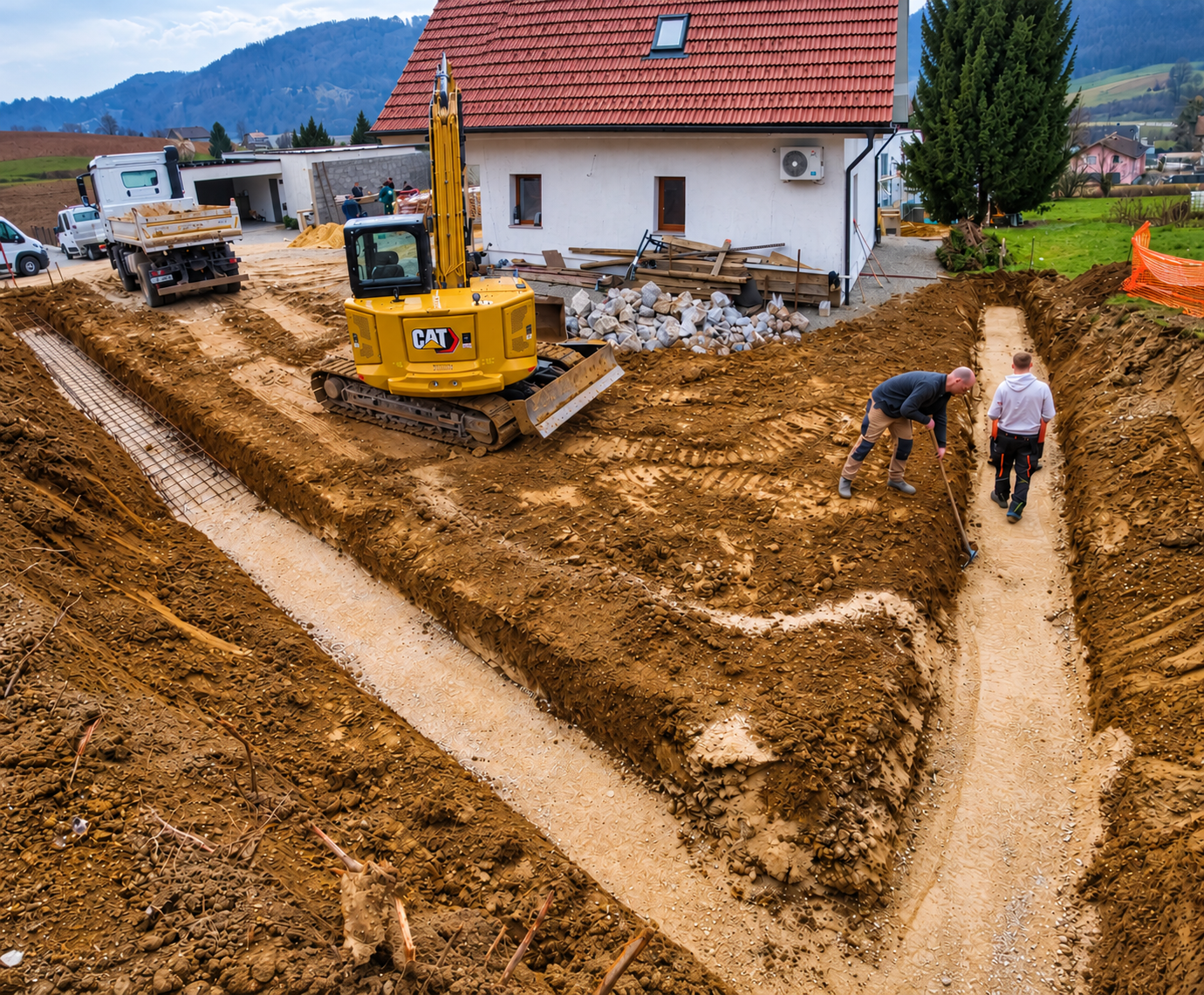 Rumeni bager in delavca ob izkopanih jarkih na gradbišču