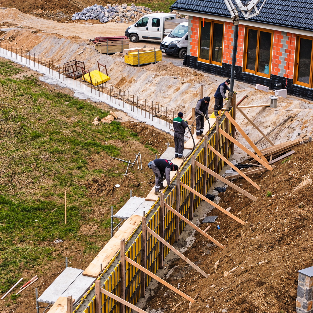 Gradnja podpornega zidu z lesenim opažem in poševnimi podporami ob hiši