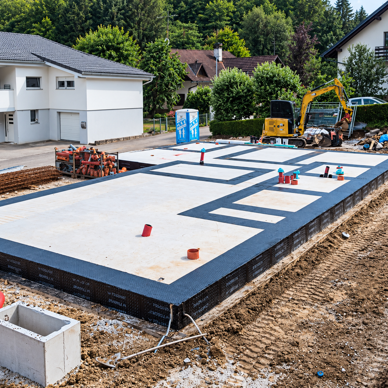 Betonska temeljna plošča z instalacijskimi izvodi na gradbišču hiše